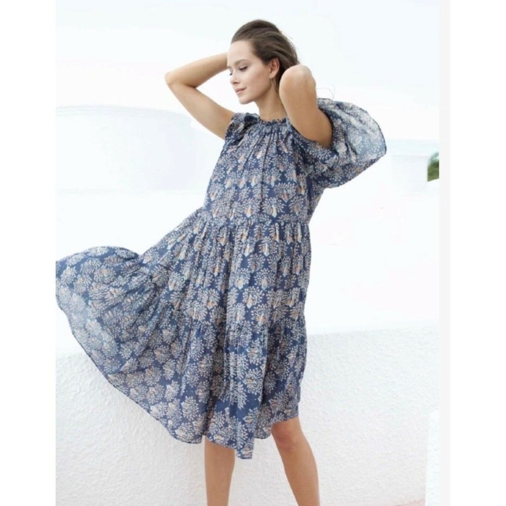 Blue Floral Midi Dress with Puff Sleeves